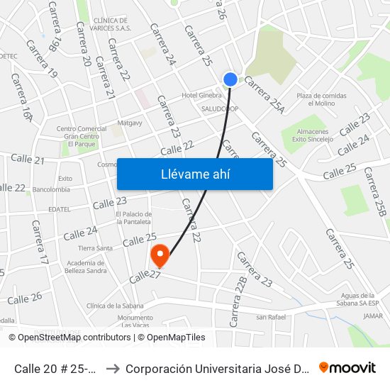 Calle 20 # 25-2 A 25-100 to Corporación Universitaria José De Sucre - Corposucre map