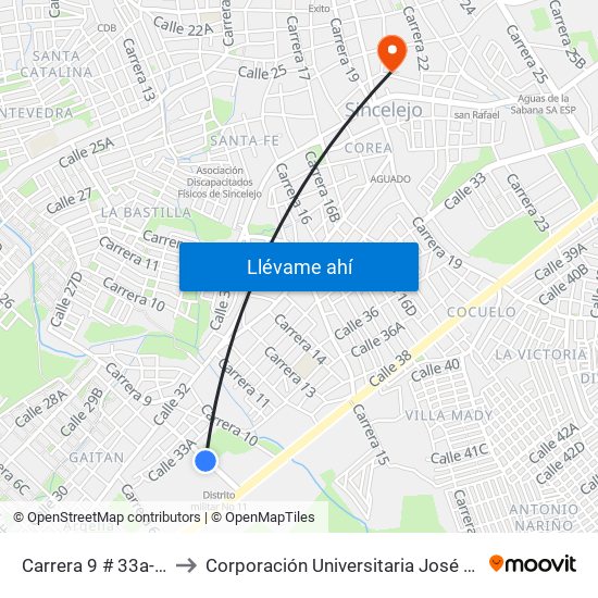 Carrera 9 # 33a-2 A 33a-100 to Corporación Universitaria José De Sucre - Corposucre map