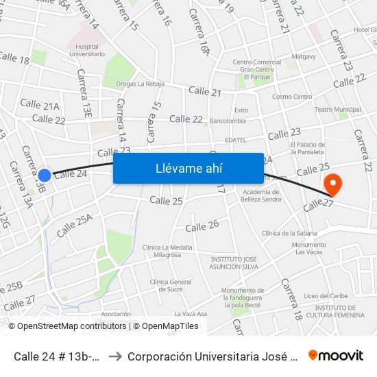 Calle 24 # 13b-2 A 13b-100 to Corporación Universitaria José De Sucre - Corposucre map