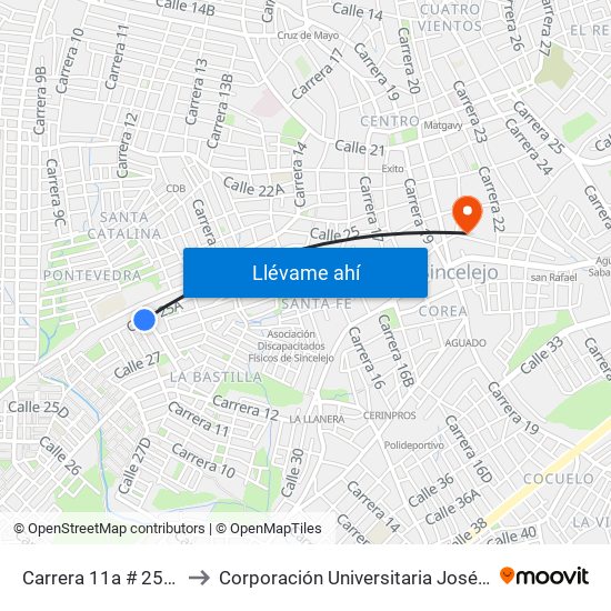 Carrera 11a # 25a-2 A 25a-100 to Corporación Universitaria José De Sucre - Corposucre map