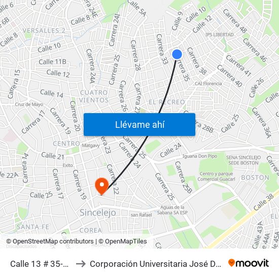 Calle 13 # 35-2 A 35-100 to Corporación Universitaria José De Sucre - Corposucre map