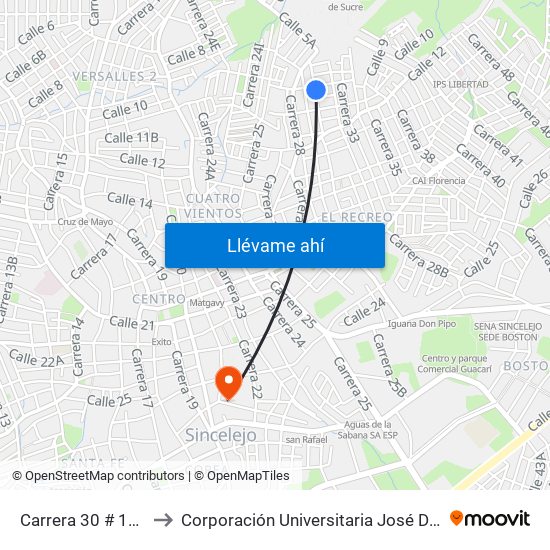 Carrera 30 # 10-1 A 10-99 to Corporación Universitaria José De Sucre - Corposucre map