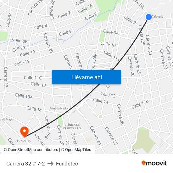 Carrera 32 # 7-2 to Fundetec map