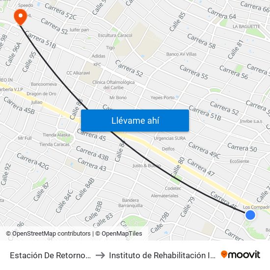 Estación De Retorno Joe Arroyo to Instituto de Rehabilitación Issa Abuchaibe map