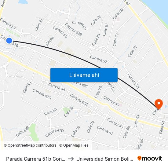 Parada Carrera 51b Con Calle 102 to Universidad Simon Bolivar Sede 1 map