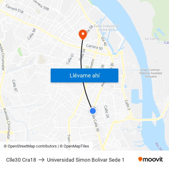 Clle30 Cra18 to Universidad Simon Bolivar Sede 1 map