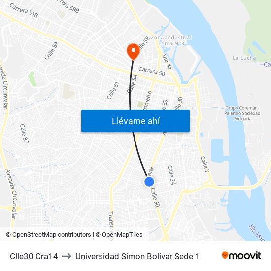 Clle30 Cra14 to Universidad Simon Bolivar Sede 1 map