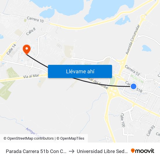 Parada Carrera 51b Con Calle 102 to Universidad Libre Sede Norte map