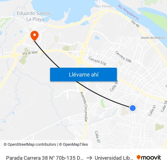 Parada Carrera 38 N° 70b-135 Droguería Inglesa Lado Sur to Universidad Libre Sede Norte map