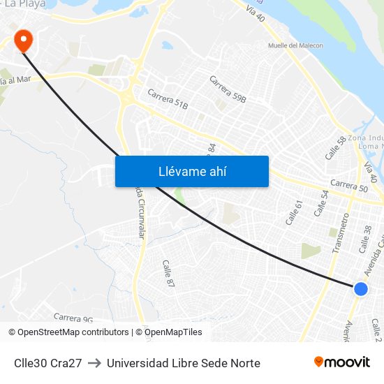 Clle30 Cra27 to Universidad Libre Sede Norte map