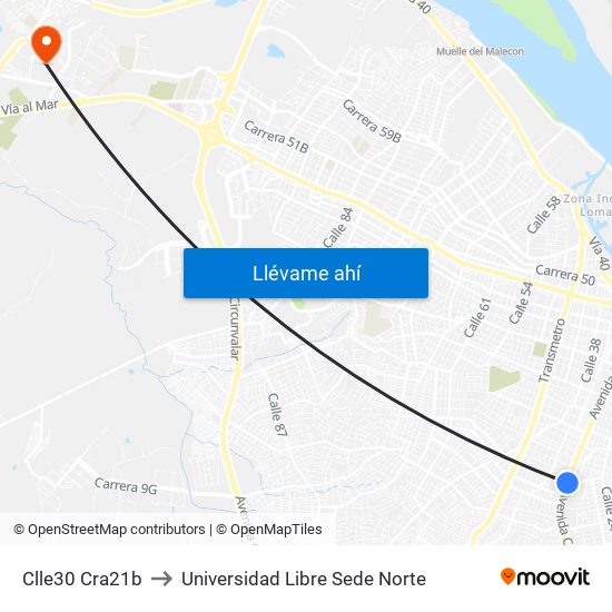 Clle30 Cra21b to Universidad Libre Sede Norte map