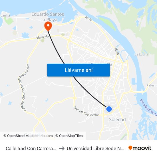 Calle 55d Con Carrera 44 to Universidad Libre Sede Norte map