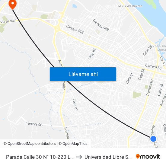 Parada Calle 30 N° 10-220 Lado Oriental to Universidad Libre Sede Norte map
