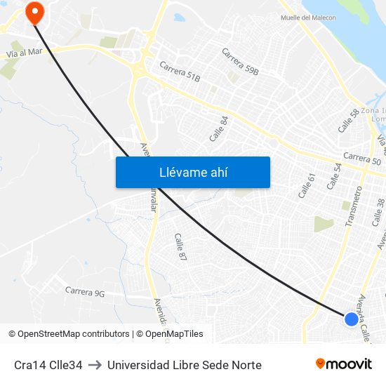 Cra14 Clle34 to Universidad Libre Sede Norte map