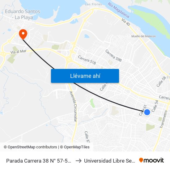 Parada Carrera 38 N° 57-53 Lado Sur to Universidad Libre Sede Norte map