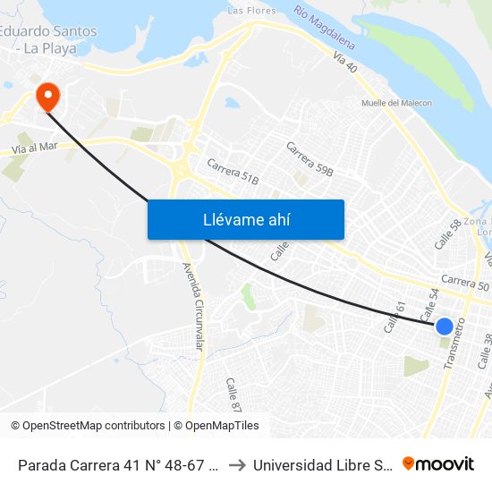 Parada Carrera 41 N° 48-67 Distrienvases to Universidad Libre Sede Norte map
