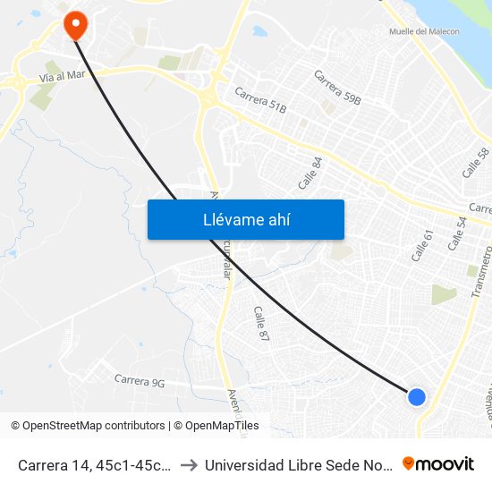 Carrera 14, 45c1-45c79 to Universidad Libre Sede Norte map