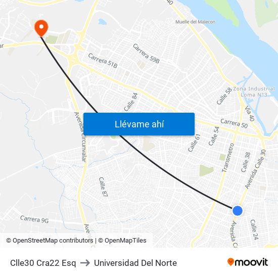 Clle30 Cra22 Esq to Universidad Del Norte map