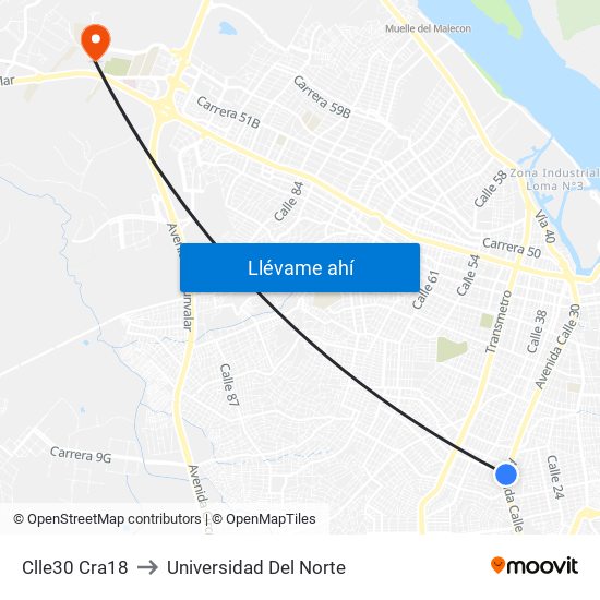 Clle30 Cra18 to Universidad Del Norte map