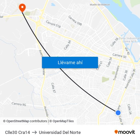 Clle30 Cra14 to Universidad Del Norte map
