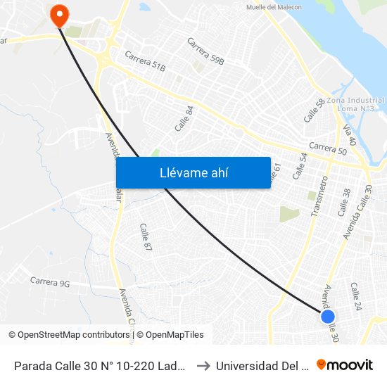 Parada Calle 30 N° 10-220 Lado Oriental to Universidad Del Norte map