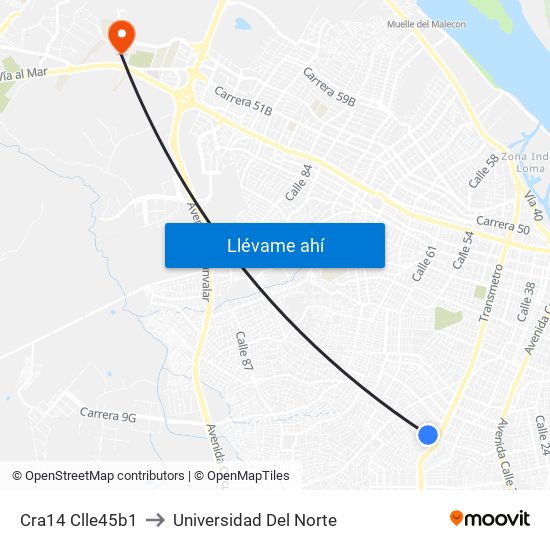 Cra14 Clle45b1 to Universidad Del Norte map
