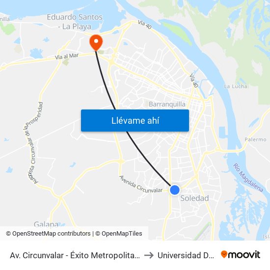 Av. Circunvalar - Éxito Metropolitano Lado Norte to Universidad Del Norte map
