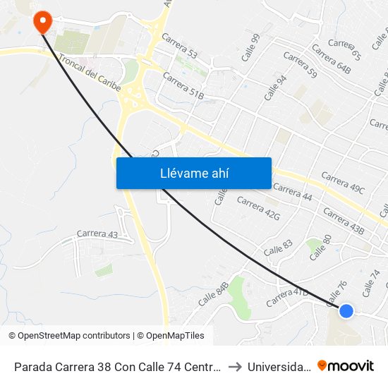 Parada Carrera 38 Con Calle 74 Centro Comercial Americano Lado Sur to Universidad Del Norte map