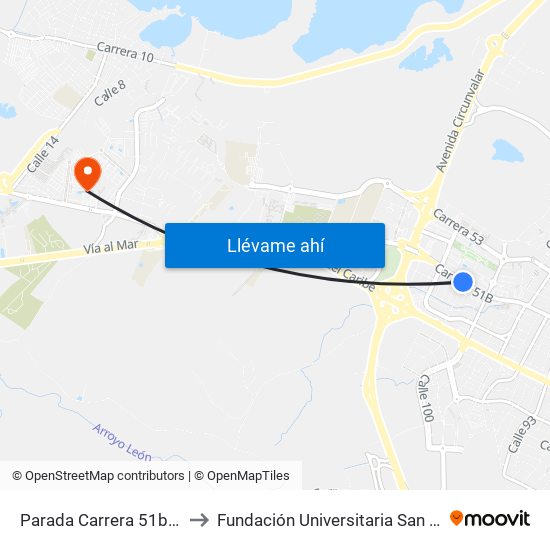 Parada Carrera 51b Con Calle 102 to Fundación Universitaria San Martín Sede Caribe map