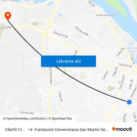 Clle30 Cra27 to Fundación Universitaria San Martín Sede Caribe map