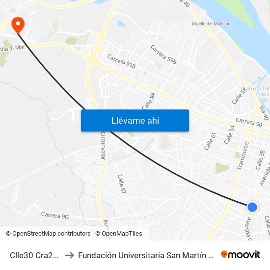 Clle30 Cra22 Esq to Fundación Universitaria San Martín Sede Caribe map