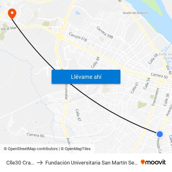 Clle30 Cra21b to Fundación Universitaria San Martín Sede Caribe map
