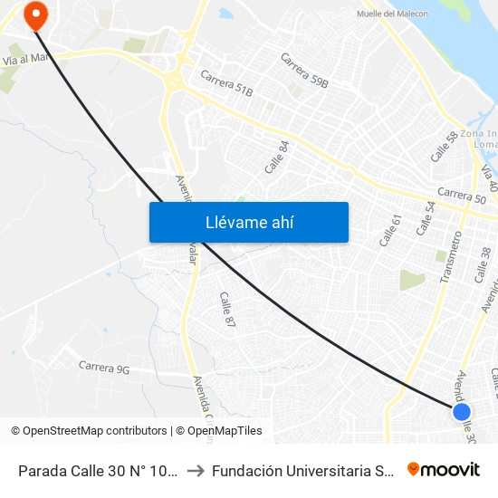 Parada Calle 30 N° 10-220 Lado Oriental to Fundación Universitaria San Martín Sede Caribe map