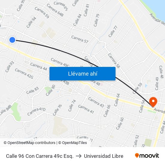 Calle 96 Con Carrera 49c Esq. to Universidad Libre map