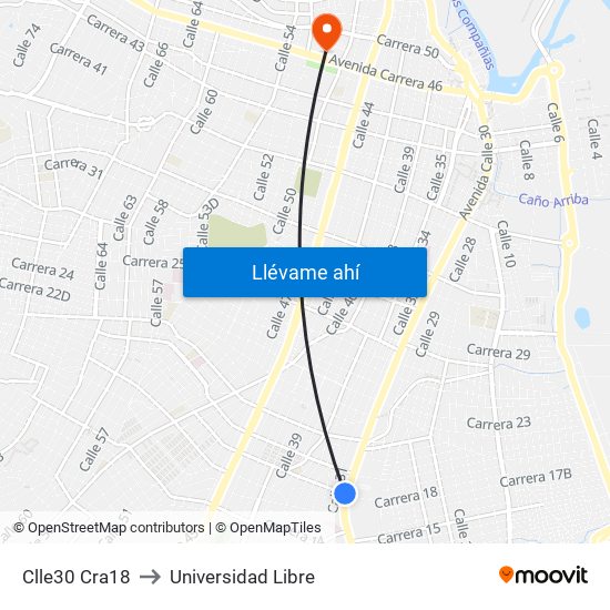 Clle30 Cra18 to Universidad Libre map