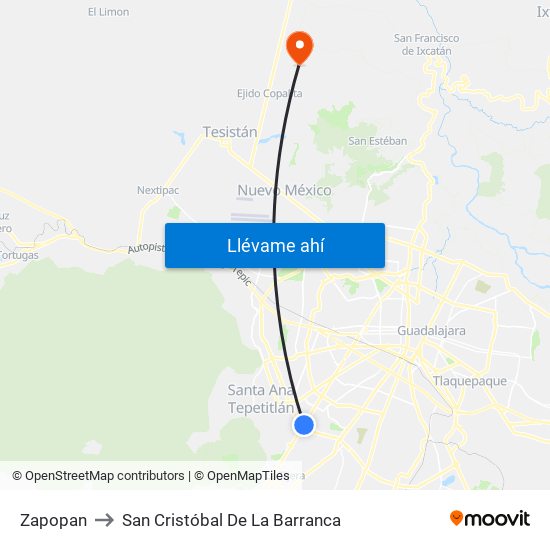 Zapopan to San Cristóbal De La Barranca map