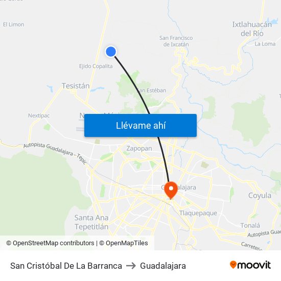 San Cristóbal De La Barranca to Guadalajara map