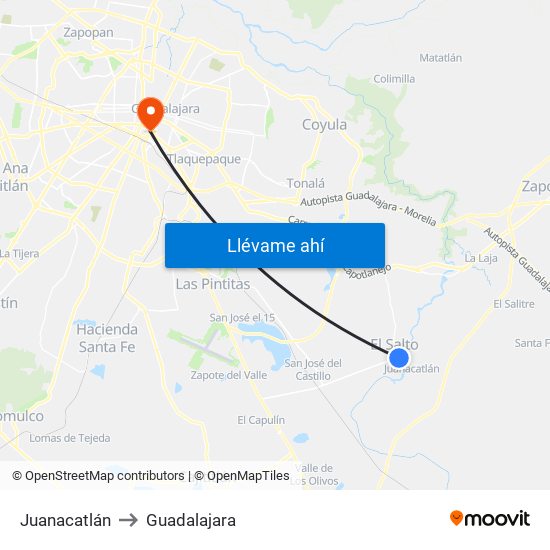 Juanacatlán to Guadalajara map