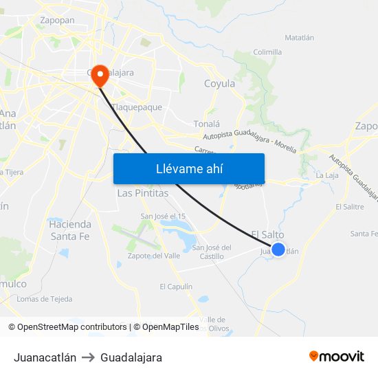 Juanacatlán to Guadalajara map