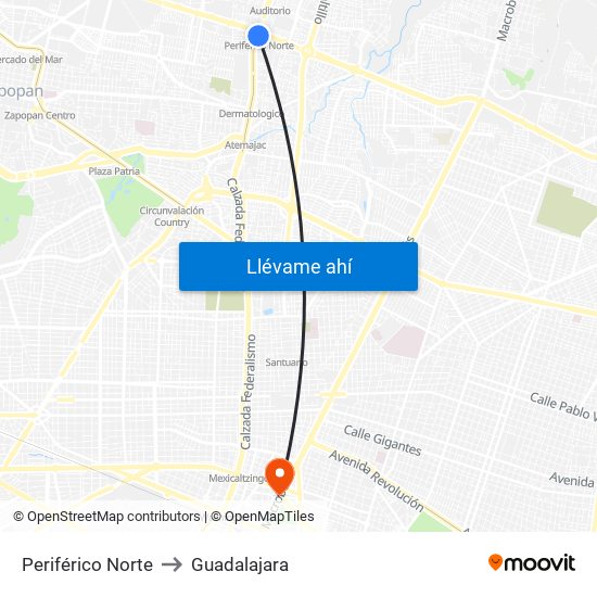Periférico Norte to Guadalajara map