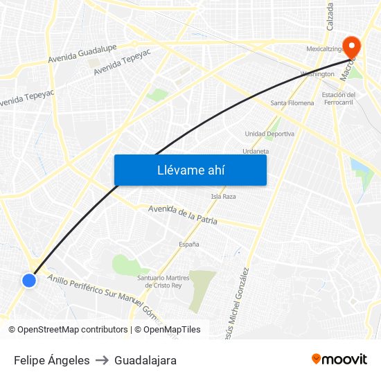 Felipe Ángeles to Guadalajara map