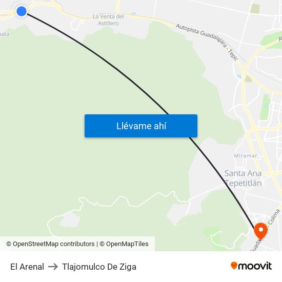 El Arenal to Tlajomulco De Ziga map
