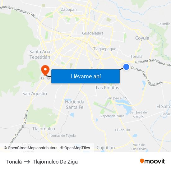 Tonalá to Tlajomulco De Ziga map