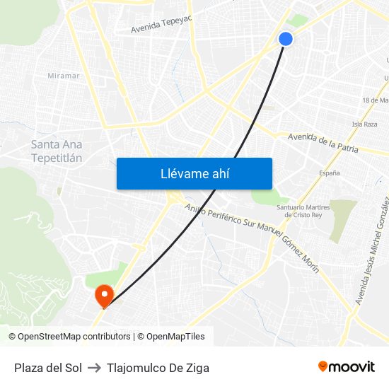 Plaza del Sol to Tlajomulco De Ziga map