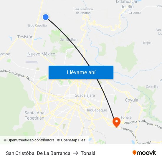 San Cristóbal De La Barranca to Tonalá map