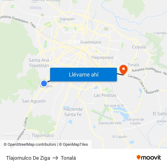 Tlajomulco De Ziga to Tonalá map