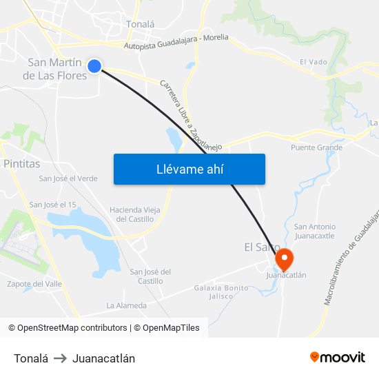 Tonalá to Juanacatlán map