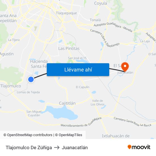 Tlajomulco De Zúñiga to Juanacatlán map