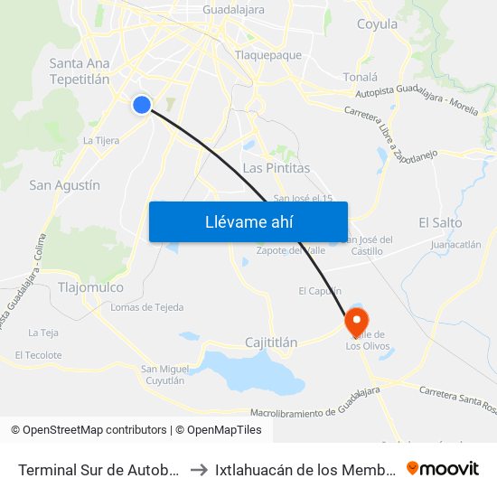 Terminal Sur de Autobuses to Ixtlahuacán de los Membrillos map