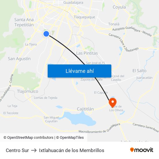 Centro Sur to Ixtlahuacán de los Membrillos map